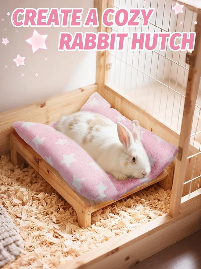 MEWTOGO 15.7" x 14" Bunny Bed for Rabbit Cage - Thickened Soft Prevent Sore Hocks Plush Mat with Cotton Lounger Pillows, Small Animal Flop Mat for Hutch Sleeping Indoor, Pink-Star