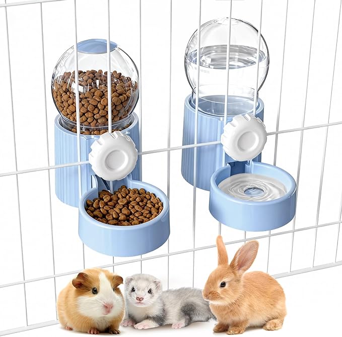 38oz Hanging Automatic Food Water Dispenser, Large Capacity Gravity Rabbit Water Dispenser and Feeder Set, for Bunny Guinea Pig Chinchilla Ferret Cage Accessories (Blue)
