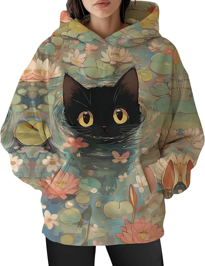 Womens Funny Cat Hoodies Oversized Graphic Hooded Sweatshirt for Women Fall Plus Size Pullover Hoodie Y2K