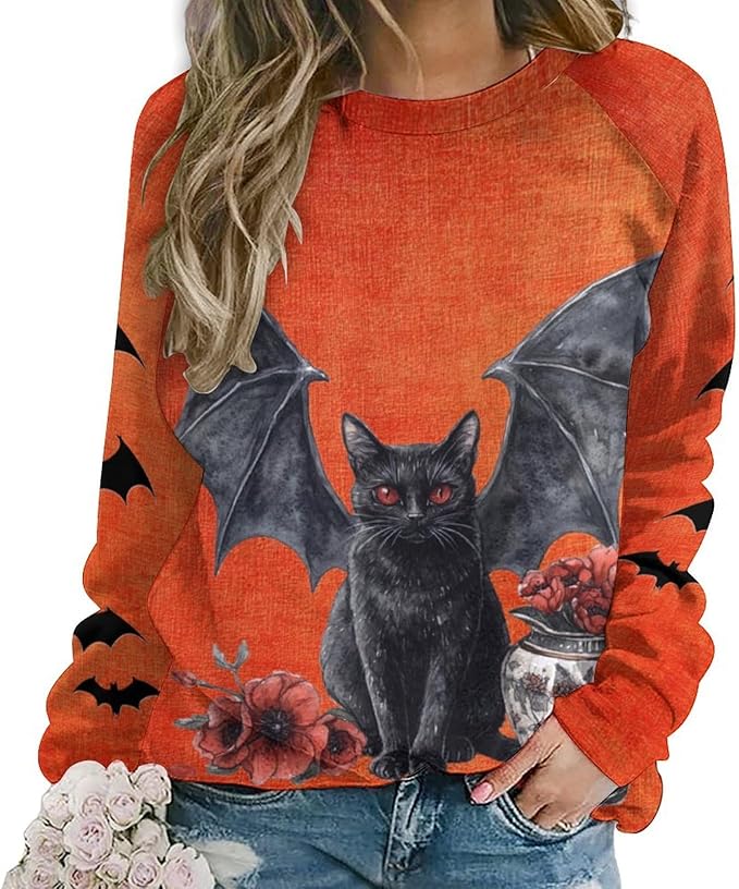 Halloween Sweatshirts for Women Black Cat Print Pullover Crewneck Oversized 2024 Fall Fashion Casual Warm Shirt