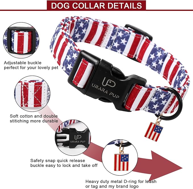 Flag Dog Collar, 4th of July Comfortable Cotton Dog Collars, American Flag Collar for Medium Girl Boy Dogs, Patriotic Collars with Quick Release