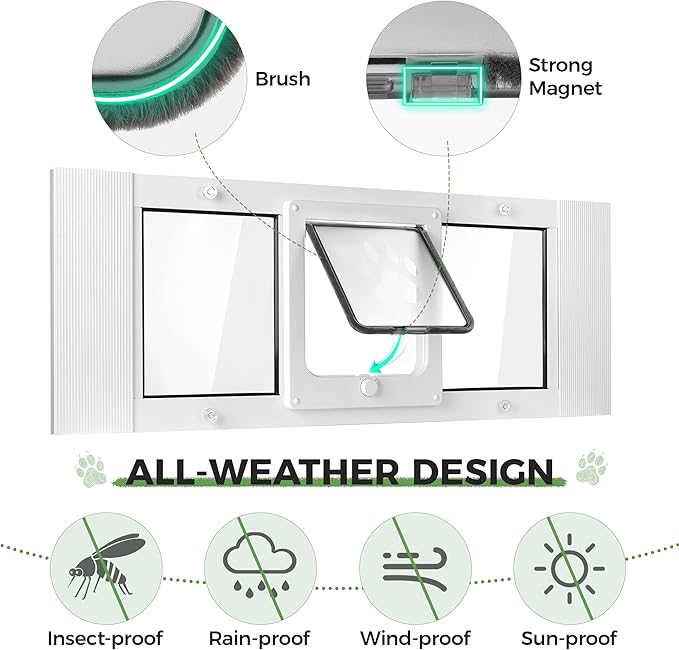 Slevoo Cat Door for Window Adjustable Fits 32"-36" Sliding Windows, Energy-Saving High-Seal Window Pet Door with 4 Lock Modes, Tool-Free Install, Heavy-Duty Aluminum Frame, Multi-Pet Compatible