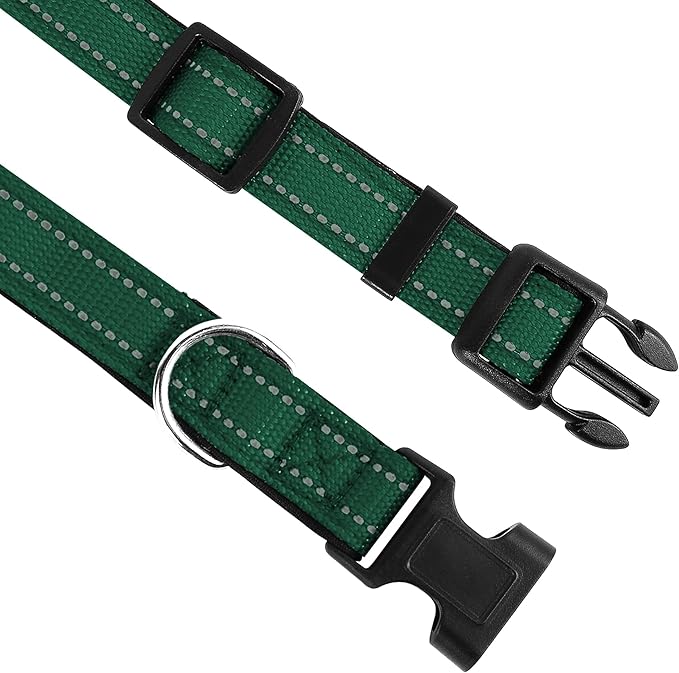 Reflective Dog Collar, Adjustable Soft Neoprene Padded Nylon Pet Collars with Buckle for Large Dogs, Dark Green,L