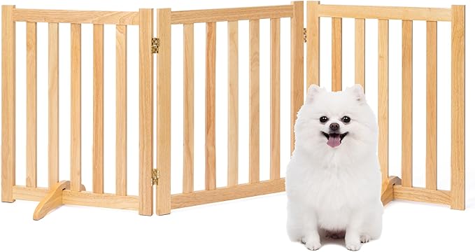Freestanding Pet Gate, Solid Wood Folding Safety Fence Wooden Dog Gate with 2PCS Support Feet Ideal for Stairs, Doorways, Halls, Kitchens, Indoors Gates, 3 Panels 25", Natural Oak