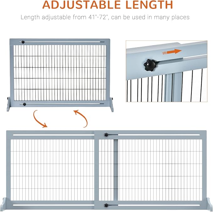 PawHut 72" W x 27.25" H Extra Wide Freestanding Pet Gate with Adjustable Length Dog, Cat, Barrier for House, Doorway, Hallway, Blue-Gray