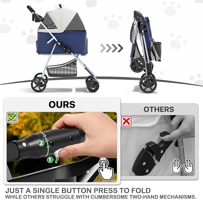 MoNiBloom 3 in 1 Foldable Pet Stroller for Small & Medium Dogs, Detachable Carrier, Car Seat, Push Button Entry, 4-Wheel Jogger for Pets up to 33 lbs, Navy Blue