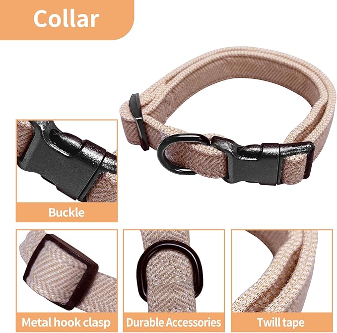 EVERKING 5-Piece Dog Travel Set, Adjustable Harness, Leash, Collar, Poop Bags, Bowtie for Small Medium Dogs, Beige, Breathable No-Pull Design (Beige, XXS)