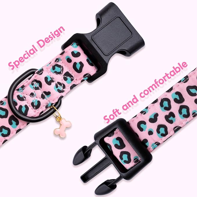 Faygarsle Dog Collar for Small Medium Large Dogs Cute Pink Puppy Collars for Female Dogs Leopard Print Patterned Pet Collars for Summer Spring Wedding Puppy Girl Dog Collar M