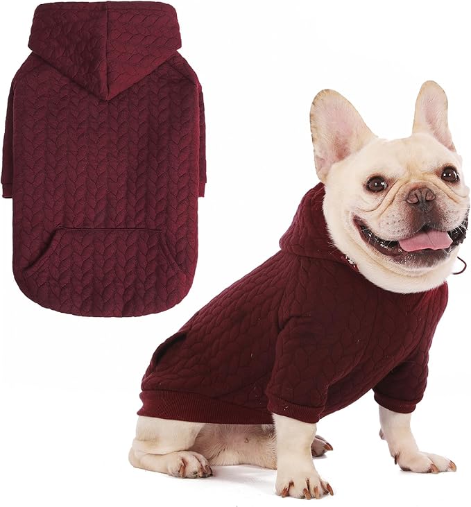 EXPAWLORER Textured Cable Knit Basic Dog Hoodie, Elevated Style Dog Sweater with Leash Hole and Pocket, Soft and Warm Pet Winter Coat, Cold Weather Clothes for Small Medium Large Dogs,Wine Red S