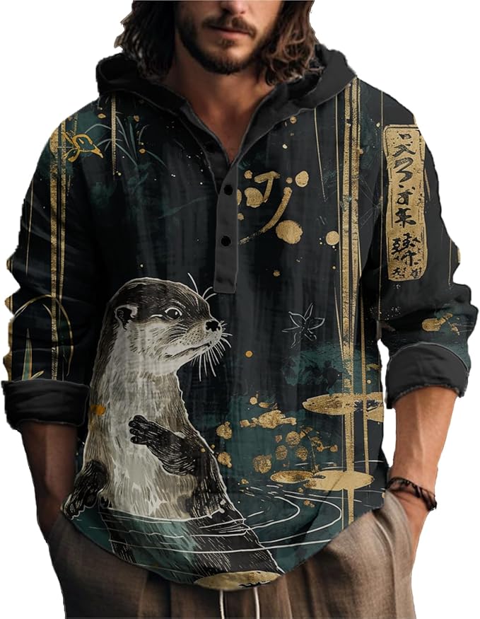 MARSVOVO Japanese Art Animal Hooded Shirt for Men Long Sleeve Quarter Button Lightweight Hoodie Cool Streetwear Tops