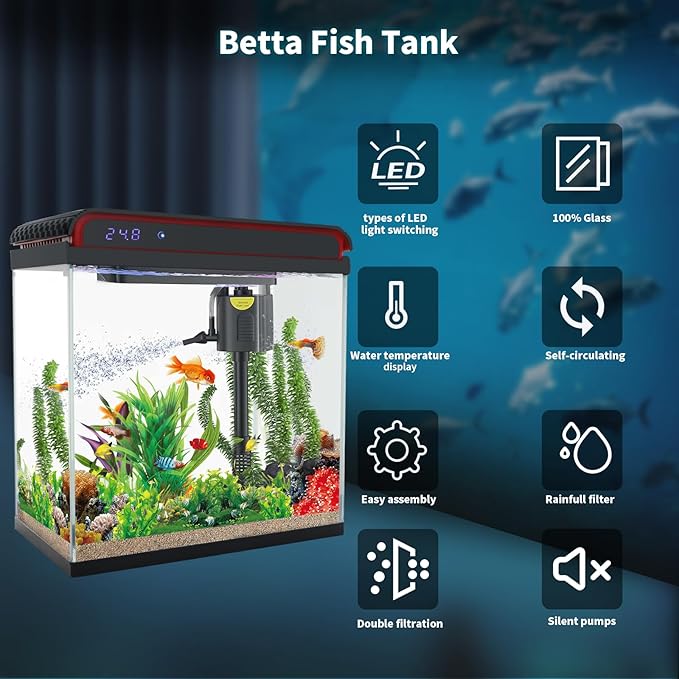 Betta Fish Tank, 10 Gallon Fish Tank Glass Small Aquarium Starter Kits Self Cleaning with 3 Types of LED Lights and Filter Water Pump, Ultra Quiet Decoration Kids Room Gift