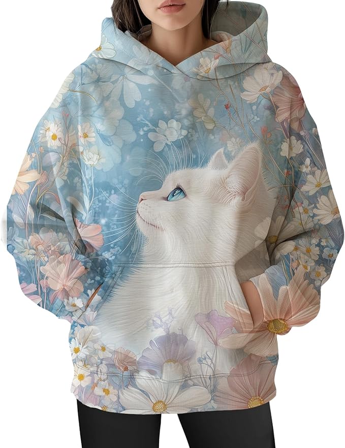 Womens Funny Cat Hoodies Oversized Graphic Hooded Sweatshirt for Women Fall Plus Size Pullover Hoodie Y2K