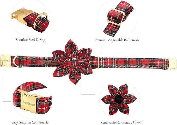 Uniqe Style Paws Christmas Grid Dog Collar, Female or Male Adjustable Puppy Collar with Flower, Durable Floral Pattern Pet Collar for Large Dogs