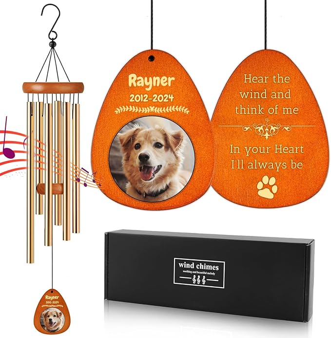 Personalized Dog Memorial Gifts for Loss of Dog - Custom Sympathy Wind Chime with Photo & Name, 26"/32"/36" Outdoor Bereavement Keepsake for Garden or Patio(Gold)