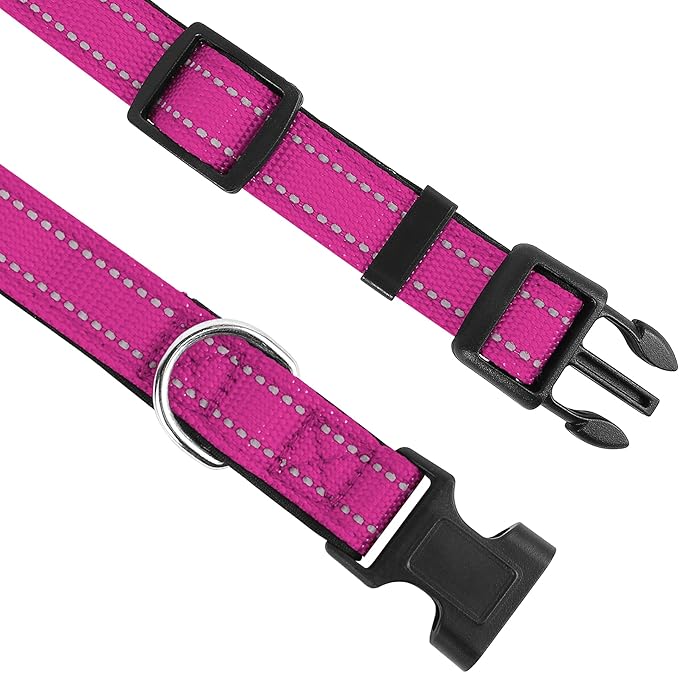 Reflective Dog Collar, Adjustable Soft Neoprene Padded Nylon Pet Collars with Buckle for Small Dogs, Rose Red,S