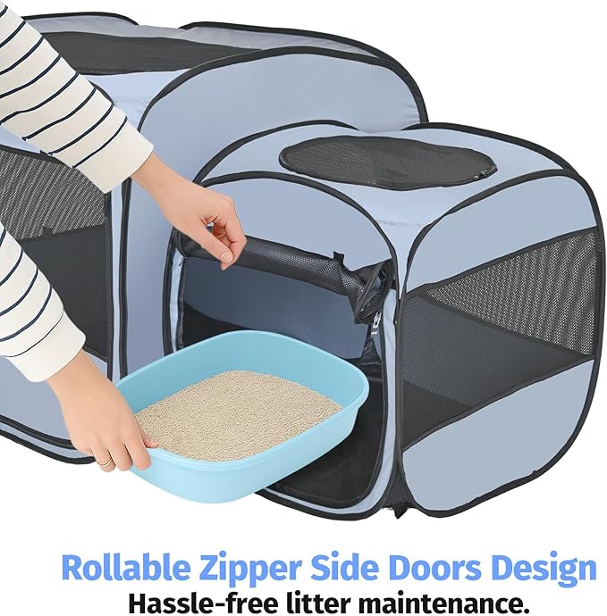 EighteenTek® 2-in-1 Portable Cat Playpen, Pop up Large Kitten Playpen, No Assembly Need, Pet Cat Dog Tent Crates Kennel Cage, Cats Enclosure for Dog and Puppy Indoor Outdoor(No Divider, Unified Space)