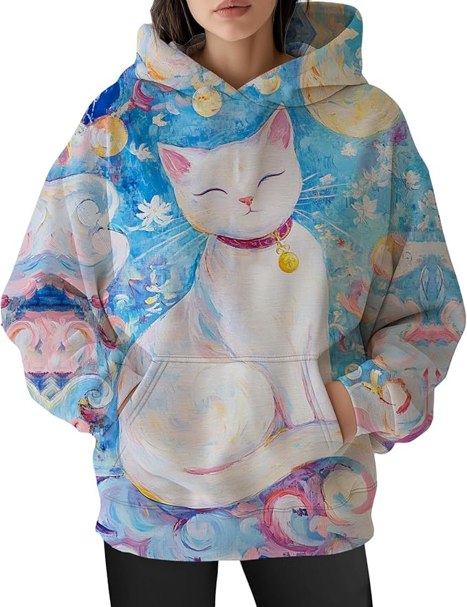 Womens Funny Cat Hoodies Oversized Graphic Hooded Sweatshirt for Women Fall Plus Size Pullover Hoodie Y2K