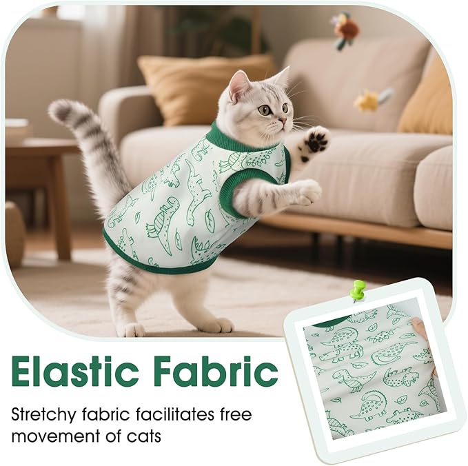 DENTRUN Sleeveless Cat Vest with Dinosaur Print, Breathable Ultra-Soft Dralon Fleece Cat Sweater, All-Season Pet Costume Apparel for Cats, Kitten Clothing for Indoor/Outdoor, Green, XL