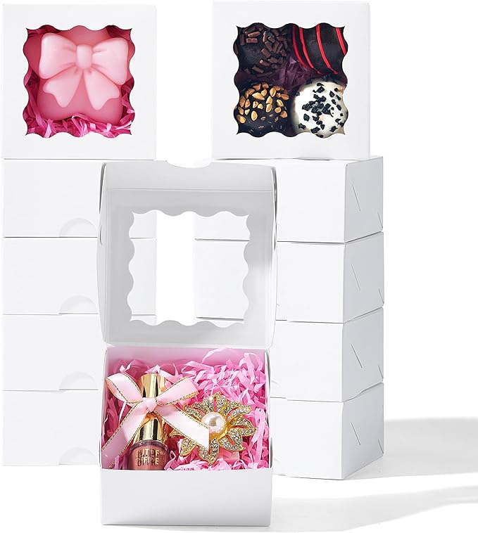 JCXGRVC 50 Count 3"x3"x1.5" White Paper Gift Boxes with Clear Window for Soap, Cookies & Chocolates Truffles & Showcase Your Homemade Treats