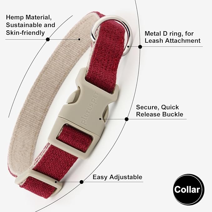 Plutus Pet Cotton Hemp Dog Collar and Leash Set, Adjustable Collar for Small, Medium, and Large Dogs, Heavy Duty and Soft on Skin, Red, S