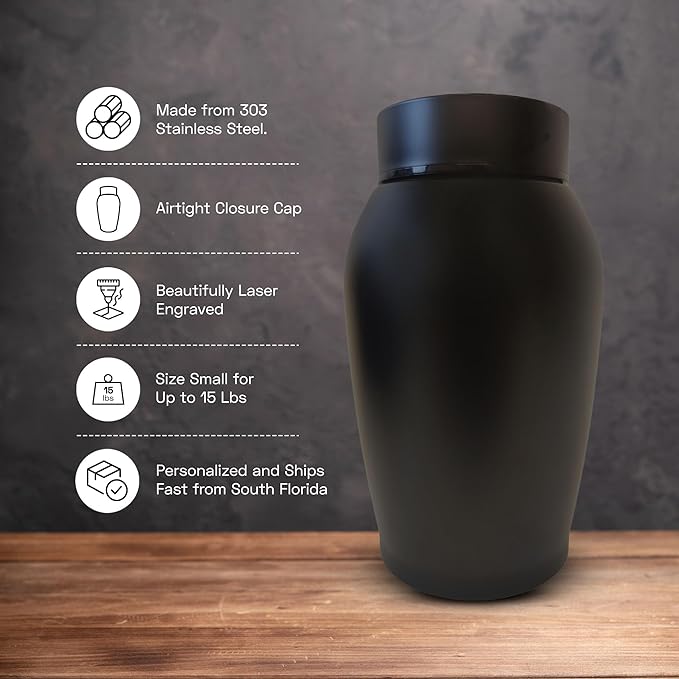 Personalized Custom Small Keepsake Urn Engraved with Pet Name, Date, and Dog Design - 5.2" Black Powder Coated Steel Cremation Urn for Dogs Ashes |Hand and Paw - High Five, Black