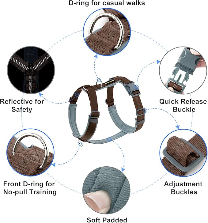 Plutus Pet No Pull Dog Harness, Adjustable Nylon Harness with Soft Padding, Reflective and Heavy Duty Dog Harness for Small, Medium, Large Dogs(Chocolate, XL)