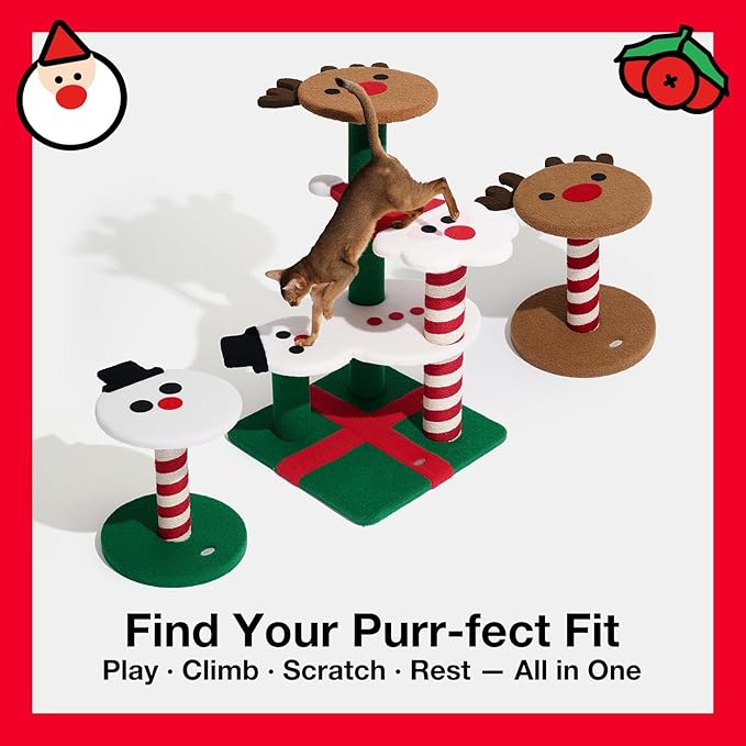 VETRESKA 18.1" Reindeer Cat Scratching Post, Two-Layer Soft Plush Platforms, Space-Saving Kitten Christmas Cat Scratch & Rest Furniture, Holiday Decoration