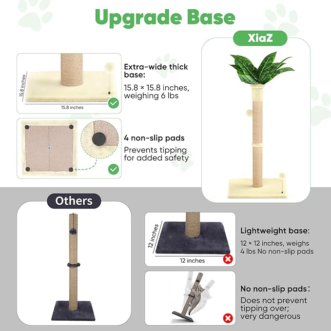XiaZ Cat Scratching Post 34'' Tall, Cat Scratchers Tree Tower for Indoor Kitten with Extra Wide 15.8" Stable Base and 2 Toy Balls, Natural Sisal & Plush Fabric for Small, Medium Cats (Beige, 2.8in)