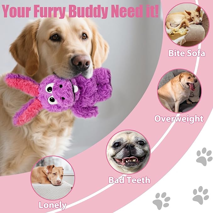 Donkey Squeaky Dog Toys to Keep Them Busy, Stuffed Plush Girl Dog Birthday Toy Crinkle Pet Puppy Tug Toy for Small Medium Large Dogs (Purple)