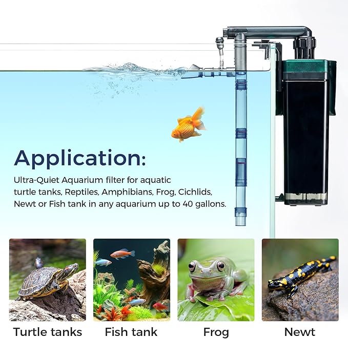 180GPH Hand on Filter for Aquariums，20-40 Gallon，Silent Multi-Stage Filtration for Fish Tank，Or Ultra-Low Water Level Turtle Tank，Increase Water Flow and Oxygen Power Filter