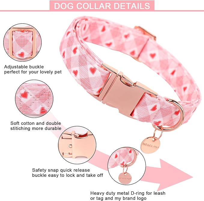 Valentine's Dog Collar,Pink Heart Dog Collar for Small Medium Large Girl Boy Dogs or Cats, Wedding Dog Collar Match Dog Leash, Pet Collar with Metal Buckle, XS