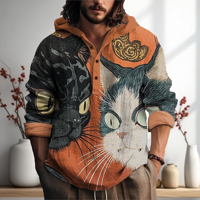 MARSVOVO Japanese Art Animal Hooded Shirt for Men Long Sleeve Quarter Button Lightweight Hoodie Cool Streetwear Tops