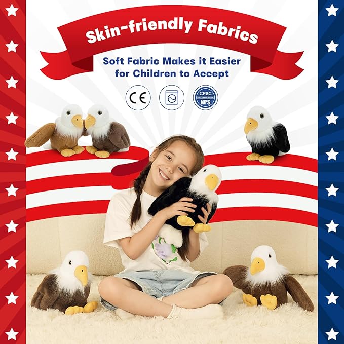 Tezituor 6 Pcs Bald Eagle Stuffed Animals – 7" Cuddly Eagle Plush Toys in Various Poses, Perfect Collectible Gift for Kids & Patriotic Enthusiasts
