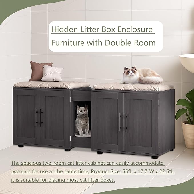 Cat Litter Box Enclosure Furniture for 2 Cats, 55" Large Hiddden Cat Litter Box Enclosure Furniture 3-IN-1 Wooden Cat Litter Cabinet with Barn Door & Double Rooms for Bedroom Living Room, Walnut