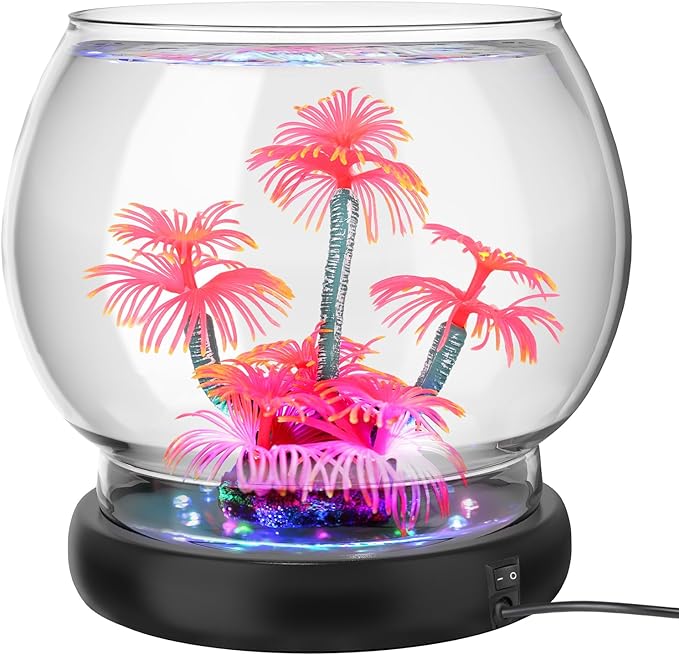 hygger 0.5 Gallon/1 Gallon Glass Fish Bowl with LED Light and Decor, Small Round Betta Fish Tank Goldfish Bowl, Round Clear Unbreakable Aquarium/Vase/Hydroponic Plant Terrarium, Nice Centerpieces