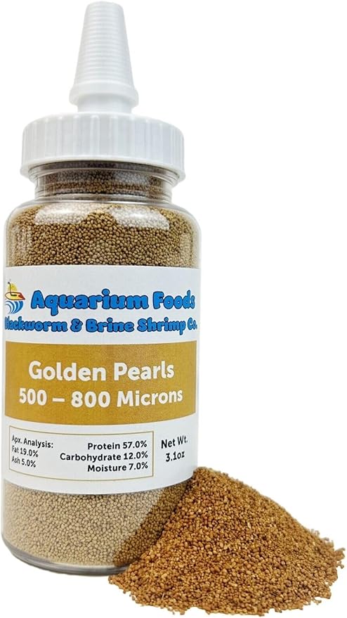 Aquatic Foods Inc. Golden Pearls 500-800 Microns for Tropical Fish Fry, Babies, Guppies, Tetras, Bettas, Nano Fish, for Corals, Anemones, Reef Tanks…3.1oz Squeeze Bottle