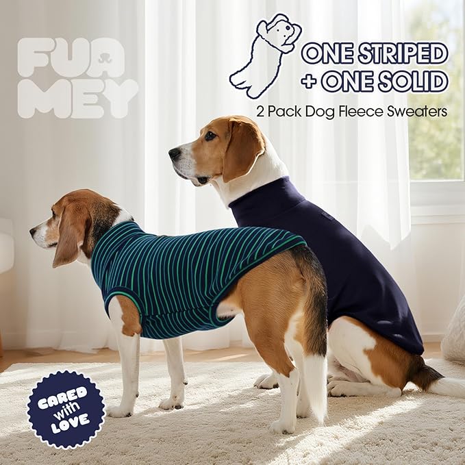 FUAMEY 2 Pack Dog Fleece Vest for Large Dogs,Shih Tzu Frenchie Stretchy Dog Sweatshirts Warm Dogs Pullover Winter Pet Sweaters with Leash Hole Puppy Turtleneck Sleeveless Green Stripes L