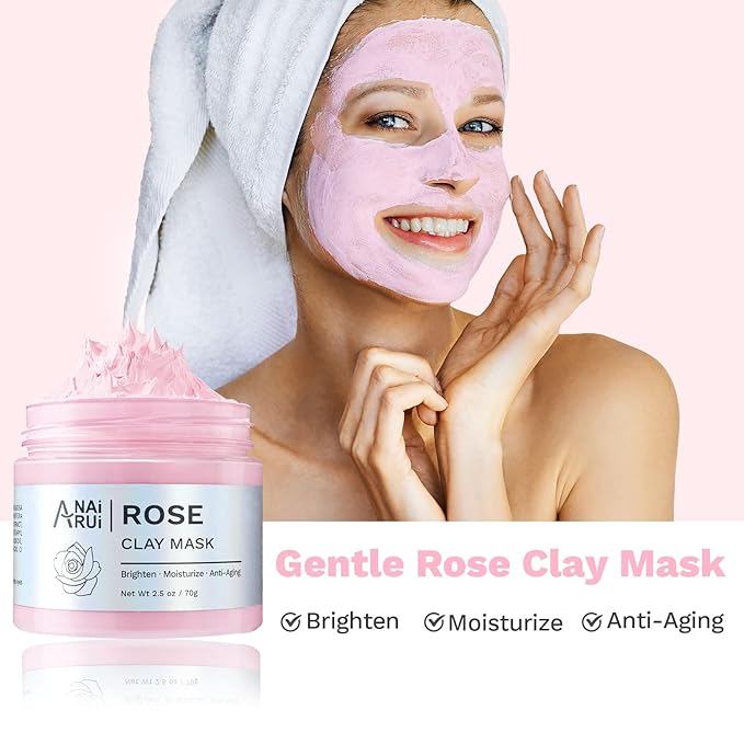 ANAI RUI 3 Pack Clay Mask Set Turmeric Vitamin C Clay Mask -Rose Facial Mask -Avocado Green Tea Mud Mask Smoothing, Hydration & Glow,Spa Gift Set, Self Care for Women Teens 2.5 oz Each