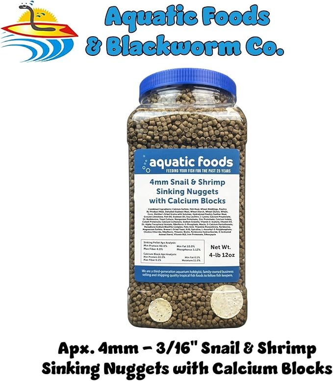 Aquatic Foods Inc. Snail & Shrimp, 4mm-3/16 Sinking 40% Protein Nuggets with Calcium Feeders for Snails, Shrimp, Crabs, All Bottom Tropical Fish...4-lbs 12oz Jar
