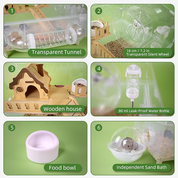 Clear Acrylic Hamster Cage, Dwarf Hamster Cage, Mouse Cage, Gerbil Cage - All-in-One Hamster Habitat with 18cm Silent Wheel, Tubes & Full Kit, 17.7×11.8×13" for Dwarf Hamsters, Mice, Gerbils