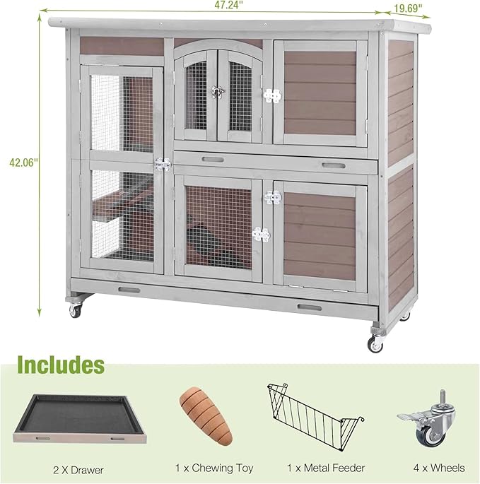 GUTINNEEN Rabbit Hutch Indoor Outdoor Bunny House Guinea Pig Cage on Wheel with Plastic Tray (Brown)