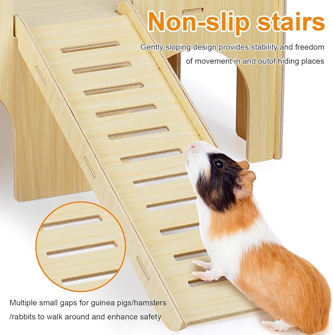 Large Guinea Pig Hideout, Upgraded Wooden Guinea Pig Castle with Guinea Pig ramp, Easy to Assemble Guinea Pig House for Small Animal House Habitat or Hamster Hideout/Rabbit Hideout