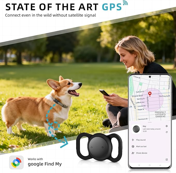 Android Dog Tracker Collar (1 Pack), Mini Bluetooth Tracker, Smart Pet Location Tracker, No Subscription, Tracker Cat Collar Certified Finder, Anti-Lost, Finder Tag for Vehicles, Pets, Kids, Items