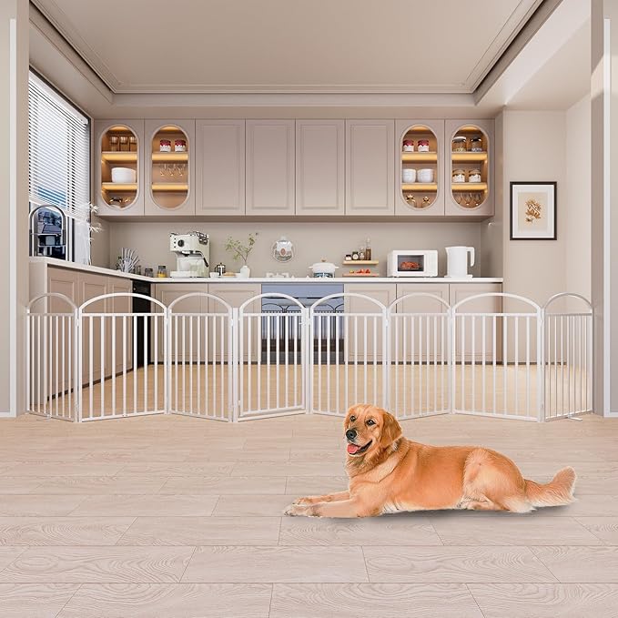 8 Panels Full Matel Freestanding Dog Gates with Door, 192"Extra Wide 32"Tall Free Standing Dog Pet Gate for Indoor & Outdoor. Foldable Pet Fences for Doorways, House, Stairs, Porch, Deck, Yard