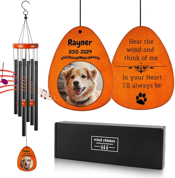 Personalized Dog Memorial Gifts for Loss of Dog - Custom Sympathy Wind Chime with Photo & Name, 26"/32"/36" Outdoor Bereavement Keepsake for Garden or Patio(Black)