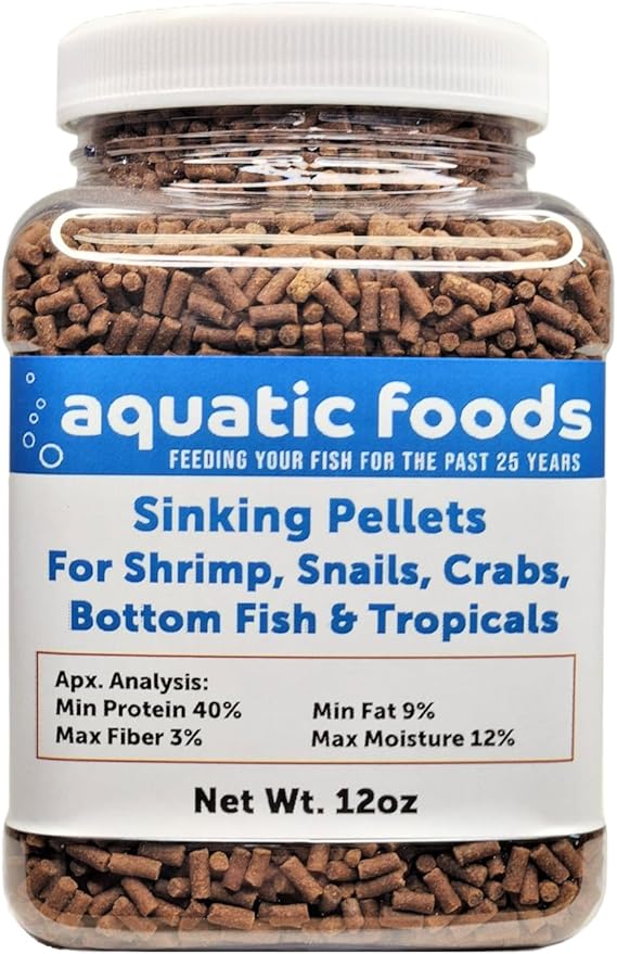 Aquatic Foods Inc. Shrimp Pellets, 40% Protein Sinking Pellets, 1/16" x 3/8" for Shrimp, Snails, Crabs, Catfish, Plecos - 12oz Jar