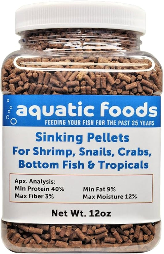 Aquatic Foods Inc. Shrimp Pellets, 40% Protein Sinking Pellets, 1/16" x 3/8" for Shrimp, Snails, Crabs, Catfish, Plecos - 12oz Jar
