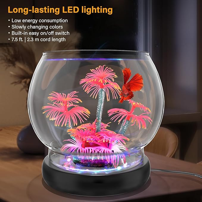 hygger 0.5 Gallon/1 Gallon Glass Fish Bowl with LED Light and Decor, Small Round Betta Fish Tank Goldfish Bowl, Round Clear Unbreakable Aquarium/Vase/Hydroponic Plant Terrarium, Nice Centerpieces