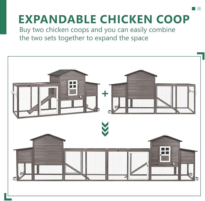 158" L Large Chicken Coop with Run, Mobile Chicken Hen House with Wheels, Nesting Boxes, Outdoor Rabbit Hutch, Poultry Cage for Chickens Ducks Bunny with Removable Tray, Ramp (Grey)