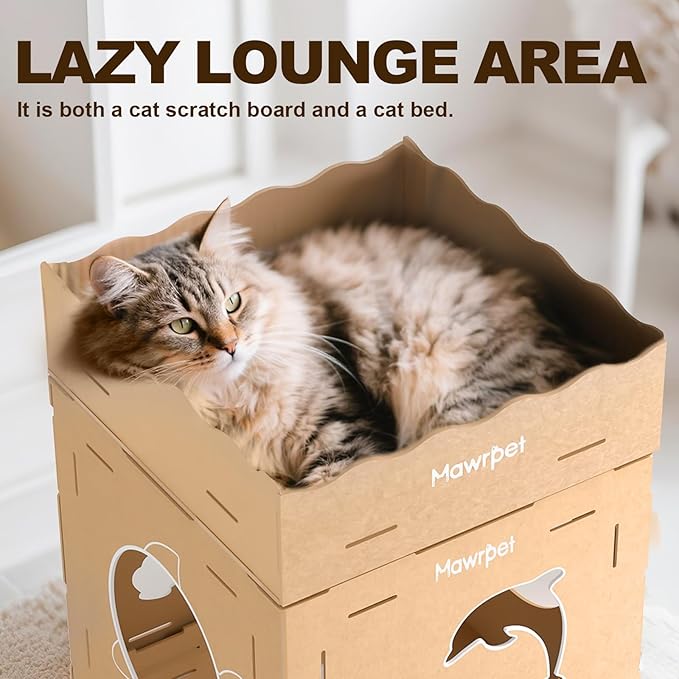 DIY Cat Scratcher Cardboard House, Scratching Cat Play House, a Versatile Box, Indoor Kitty Scratcher Hideout for One or More Cats Brown, Cat Tower Castle Tunnel 10 Parts